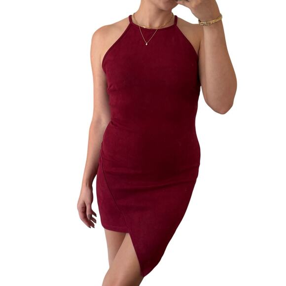 Windsor M Maroon Red Faux Suede High Neck Asymmetrical Hem Mini Dress - Picture 1 of 7